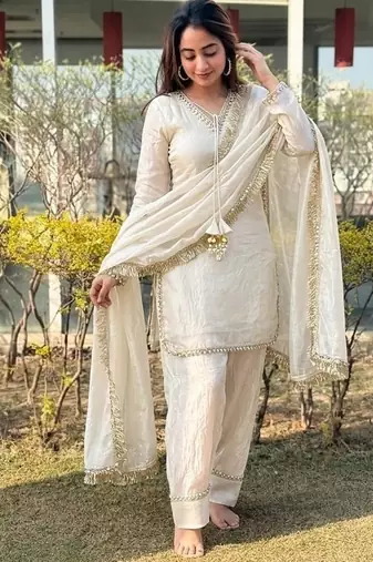 New solid punjabi salwar kurti set with golden lace work kurta set