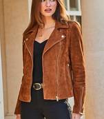 Women’s stylish brown suede leather jacket genuine lambskin western pockets