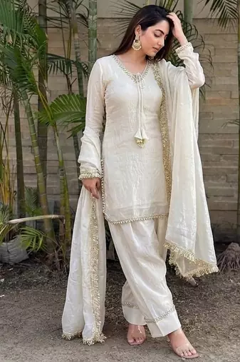 New solid punjabi salwar kurti set with golden lace work kurta set