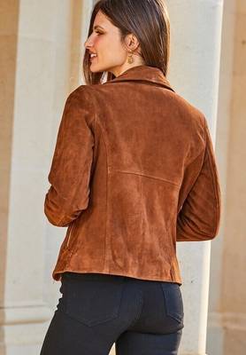 women's brown suede leather jacket classic zip up style modern 2