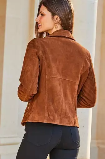 women's brown suede leather jacket classic zip up style modern