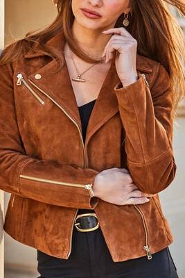 women's brown suede leather jacket classic zip up style modern 3