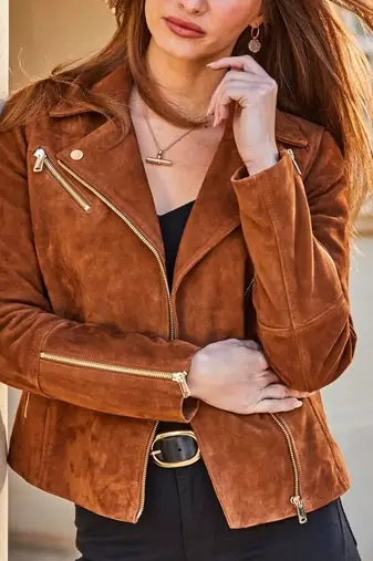 women's brown suede leather jacket classic zip up style modern