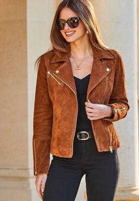 women's brown suede leather jacket classic zip up style modern 4