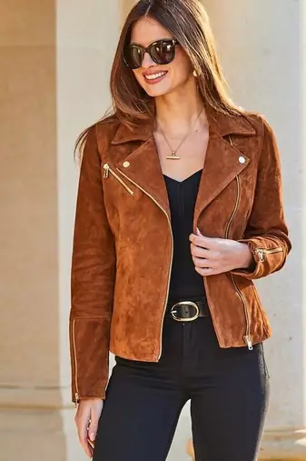 women's brown suede leather jacket classic zip up style modern