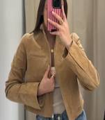 Genuine beige color sheepskin jacket women leather coat casual with pocket
