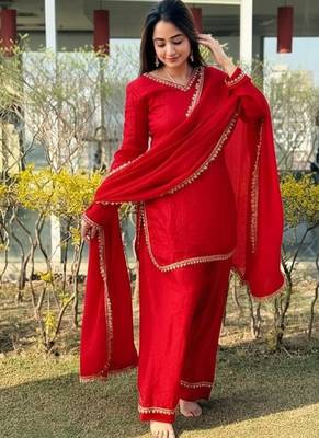 New solid punjabi salwar kurti set with golden lace work kurta set 1