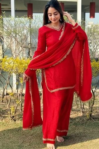 New  solid punjabi salwar kurti set with golden lace work kurta set