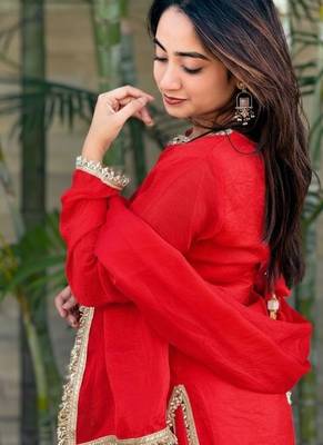 New solid punjabi salwar kurti set with golden lace work kurta set 2