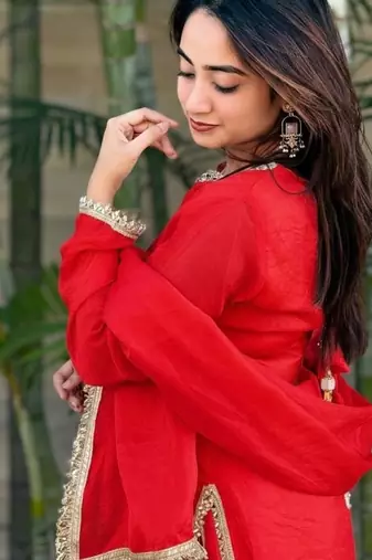 New solid punjabi salwar kurti set with golden lace work kurta set