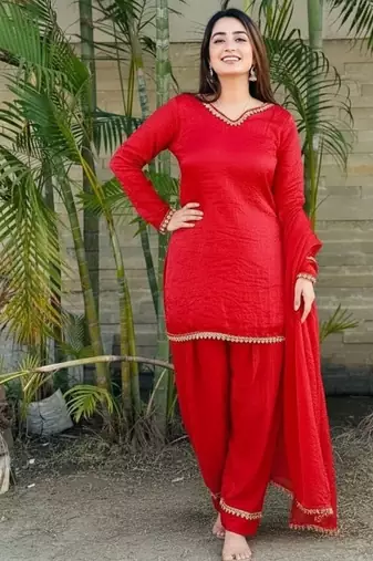 New solid punjabi salwar kurti set with golden lace work kurta set