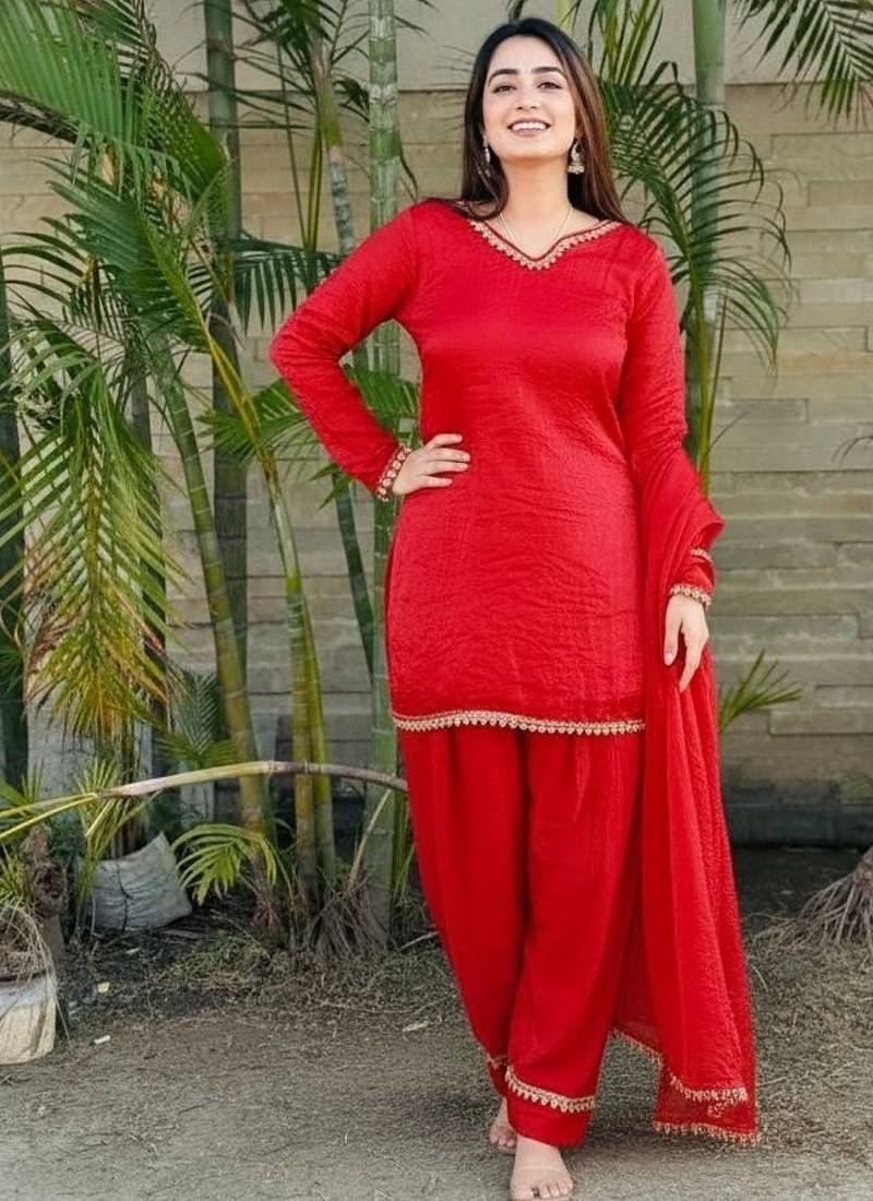 New  solid punjabi salwar kurti set with golden lace work kurta set