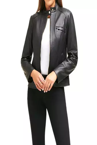 women's black sheepskin leather biker jacket stand up collar style
