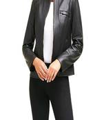 Women’s  jacket stand collar sheepskin black leather vintage slim fit moto biker zip