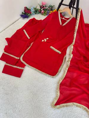 New solid punjabi salwar kurti set with golden lace work kurta set 4