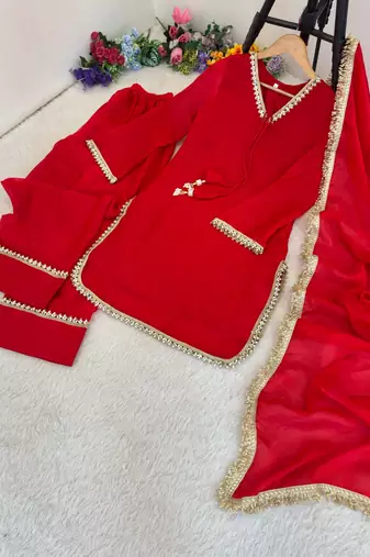 New solid punjabi salwar kurti set with golden lace work kurta set