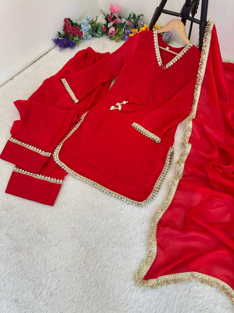 New  solid punjabi salwar kurti set with golden lace work kurta set