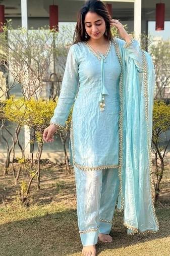 New  solid punjabi salwar kurti set with golden lace work kurta set