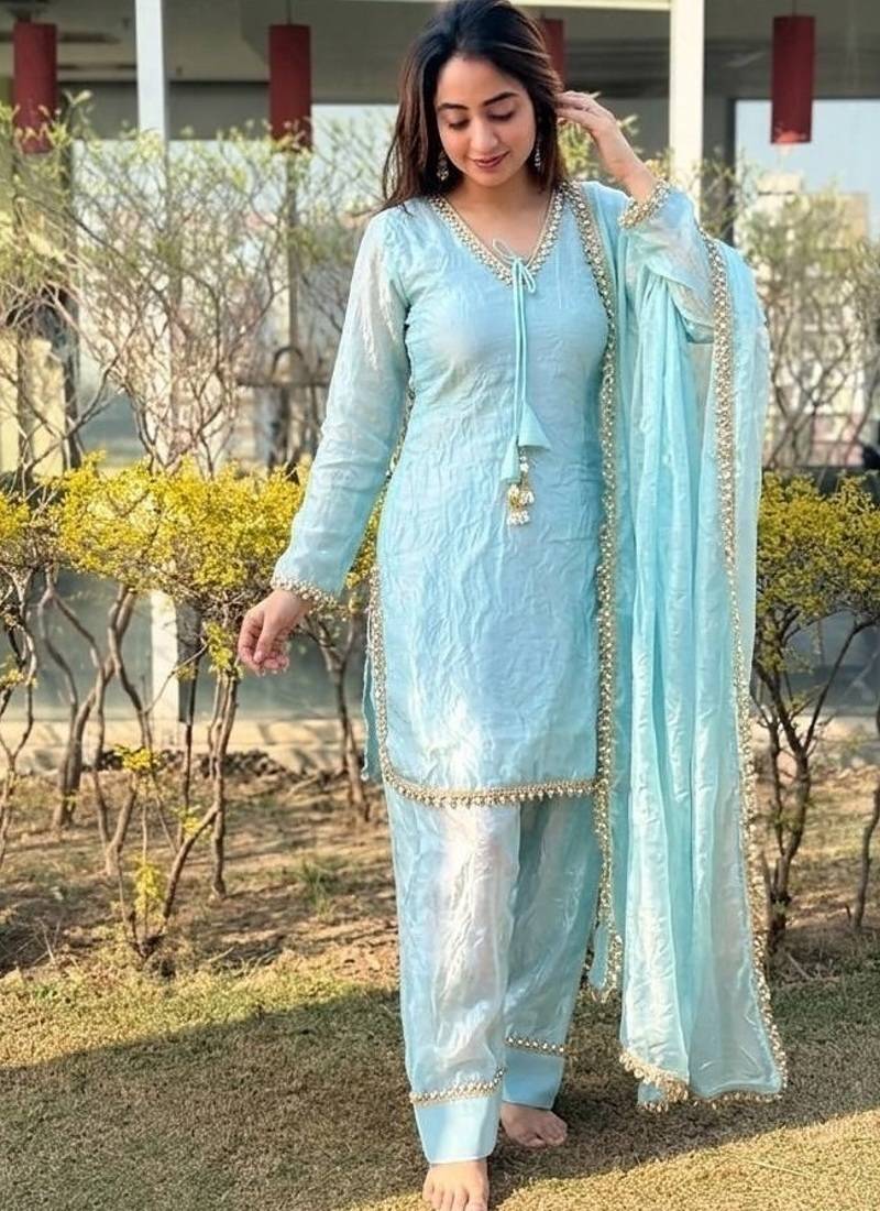 New  solid punjabi salwar kurti set with golden lace work kurta set