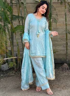 New solid punjabi salwar kurti set with golden lace work kurta set 2