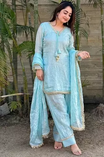 New solid punjabi salwar kurti set with golden lace work kurta set