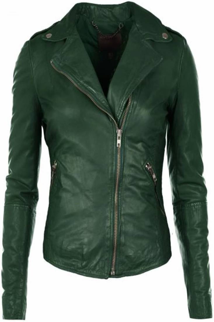 Women’s real lambskin green leathe rjacket with 2 zip pockets western style motorcycle