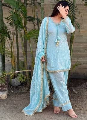 New solid punjabi salwar kurti set with golden lace work kurta set 3
