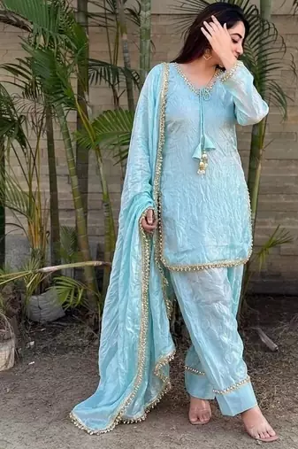 New solid punjabi salwar kurti set with golden lace work kurta set