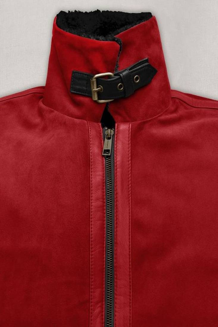 Women’s genuine red leather jacket motorcycle jacket zip front slim fit