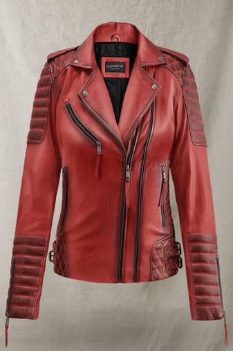 Women’s red genuine lambskin leather jacket -asymmetric zipper & quilted shoulder waist belt  style