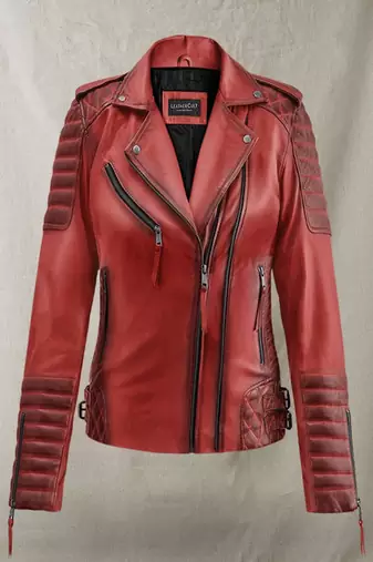 women's red premium lambskin leather jacket quilted shoulder detailing