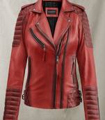 Women’s red genuine lambskin leather jacket -asymmetric zipper & quilted shoulder waist belt  style