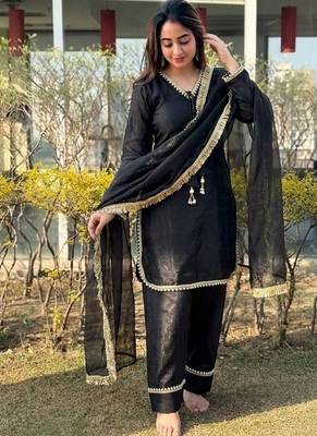 New solid punjabi salwar kurti set with golden lace work kurta set 1