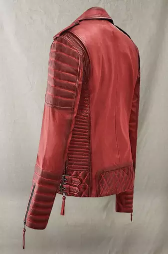 women's red premium lambskin leather jacket quilted shoulder detailing