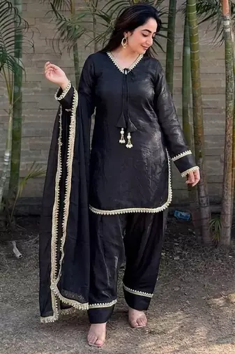 New solid punjabi salwar kurti set with golden lace work kurta set