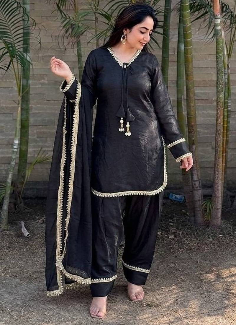 New  solid punjabi salwar kurti set with golden lace work kurta set