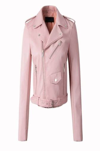 Women’s pink genuine lambskin leather jacket -asymmetric zipper & waist belt  style
