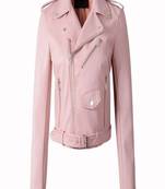 Women’s pink genuine lambskin leather jacket -asymmetric zipper & waist belt  style