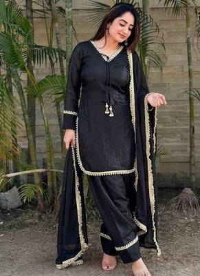 New solid punjabi salwar kurti set with golden lace work kurta set 3