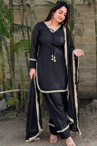 New solid punjabi salwar kurti set with golden lace work kurta set