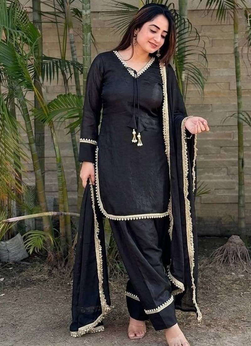 New  solid punjabi salwar kurti set with golden lace work kurta set