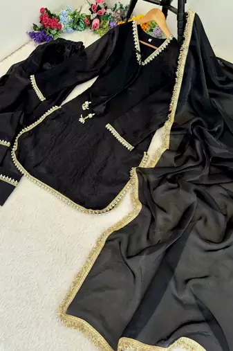 New solid punjabi salwar kurti set with golden lace work kurta set