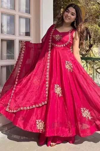 New womens trending  flared anarkali suit with gold floral embroidery gown set