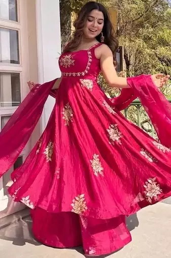 New womens trending flared anarkali suit with gold floral embroidery gown set