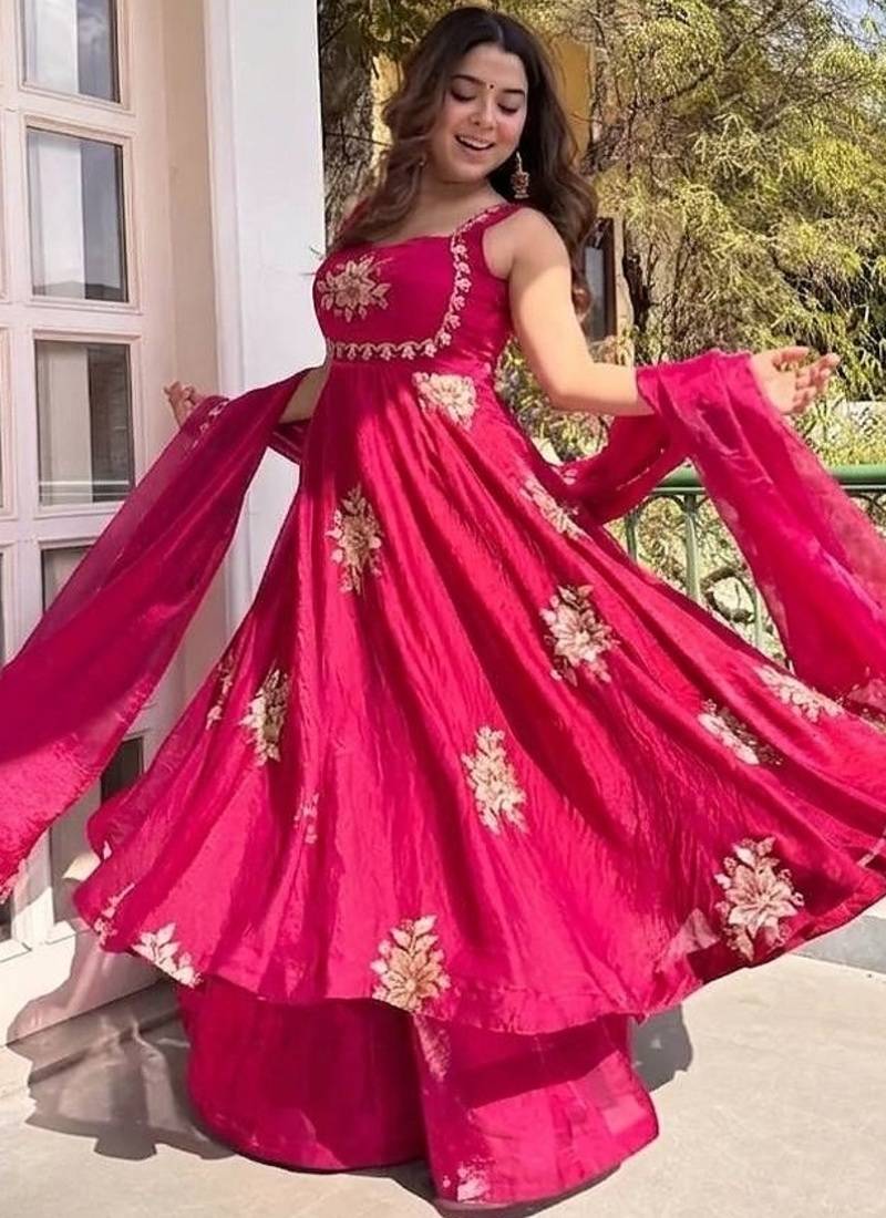 New womens trending  flared anarkali suit with gold floral embroidery gown set