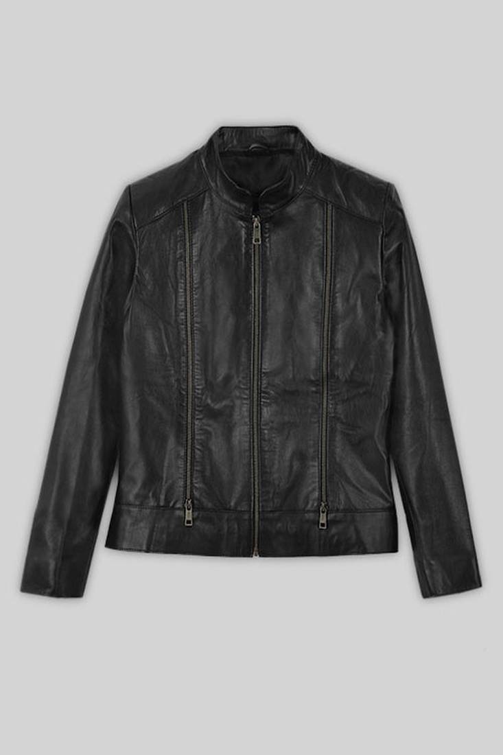 Women's  black  lambskin leather jacket- multiple zipper & café racer jacket  style