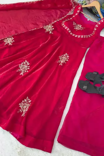 New womens trending flared anarkali suit with gold floral embroidery gown set