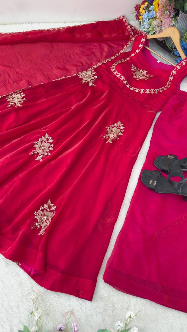 New womens trending  flared anarkali suit with gold floral embroidery gown set