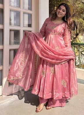 New womens trending flared anarkali suit with gold floral embroidery gown set 1