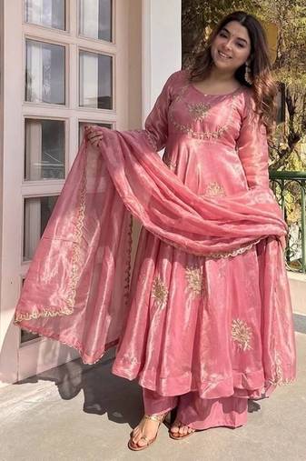 New womens trending  flared anarkali suit with gold floral embroidery gown set